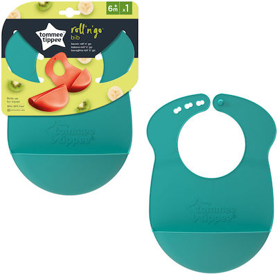 Tommee Tippee Roll N' Go Waterproof Bib Silicone with Button & Pocket Mint for 6 m+