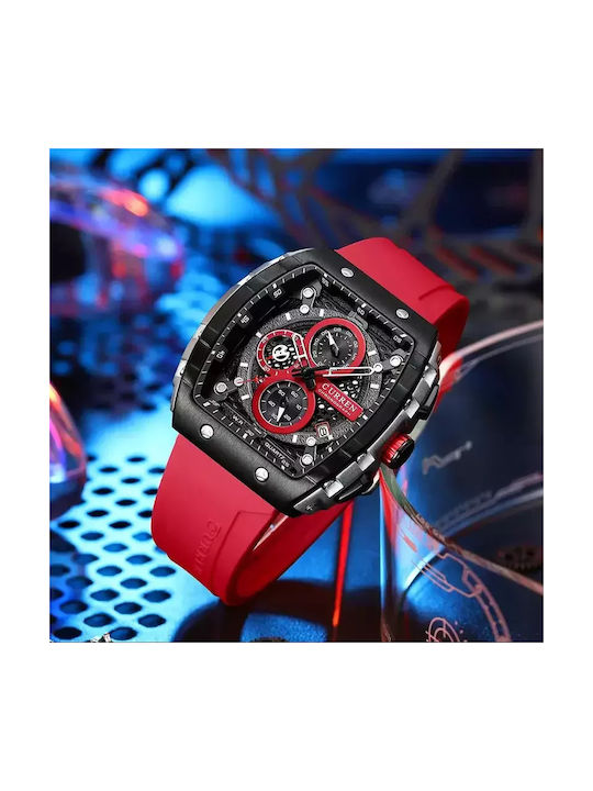 Curren Uhr Chronograph Batterie mit Rot Kautschukarmband