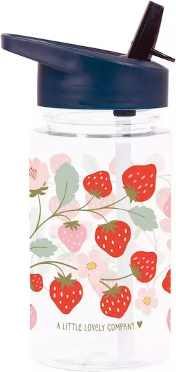 A Little Lovely Company Strawberries Kids Water Bottle Plastic with Straw 450ml (Various Designs/Colours)