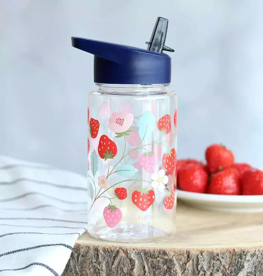 A Little Lovely Company Strawberries Kids Water Bottle Plastic with Straw 450ml (Various Designs/Colours)