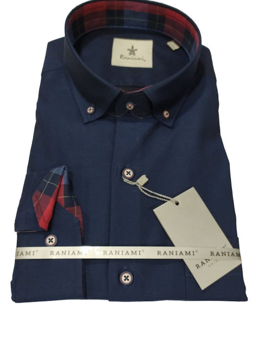 Long-sleeved Cotton Shirt Checked Navy Blue