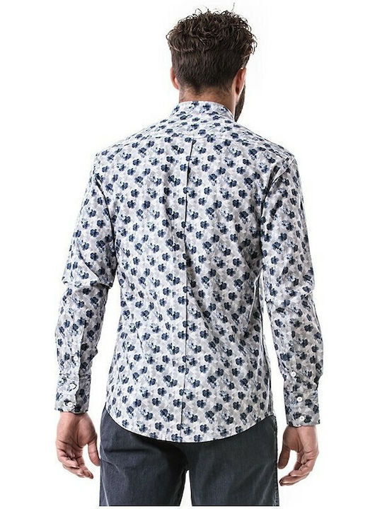 Long-sleeved Linen Shirt Floral Light Blue