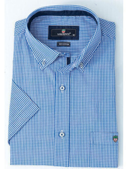 Visconti Men's Shirt Short Sleeve Cotton Checked Blue