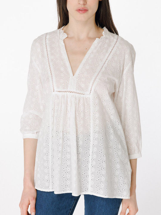 Cuca Summer Cotton Tunic with 3/4 Sleeve with V Neck White