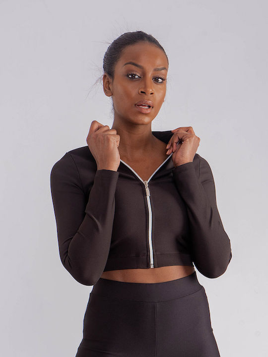 The Lady Women's Crop Top Satin Long Sleeve with Zipper Black