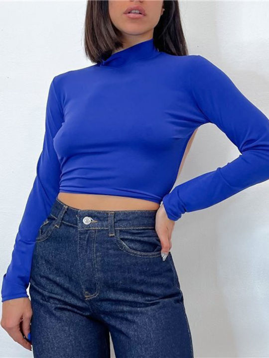 Chica Women's Crop Top Turtleneck Long Sleeve Blue