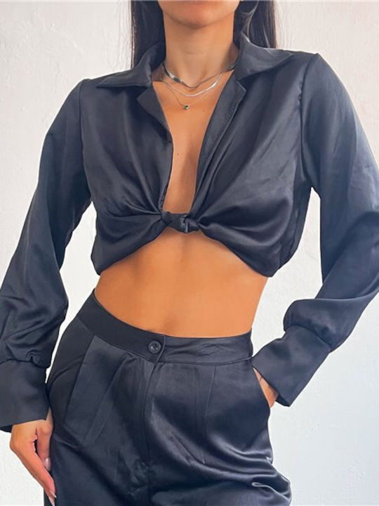 Chica pentru Femei Crop Top din Satin cu Mâneci Lungi cu Decolteu în V Negru