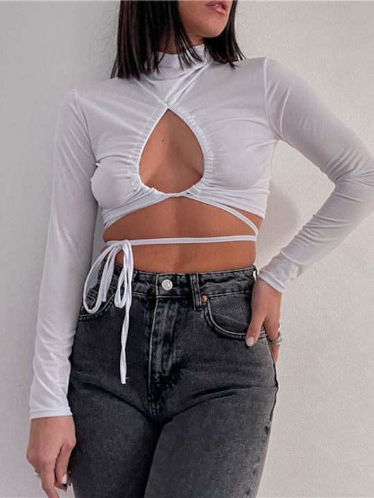 Chica pentru Femei Crop Top cu Mâneci Lungi Monocrom Alb