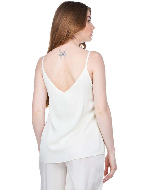Crossley Damen Sommer Bluse Satin mit Trägern & V-Ausschnitt Weiß