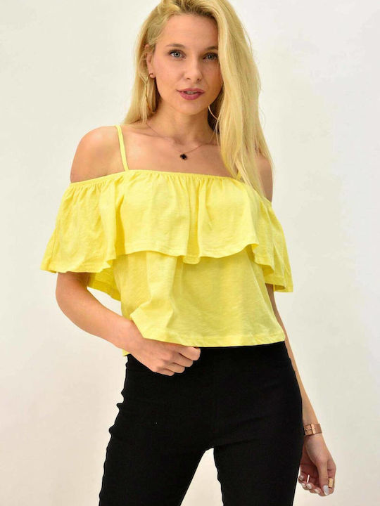 First Woman Women's Summer Blouse Off-Shoulder Short Sleeve Yellow