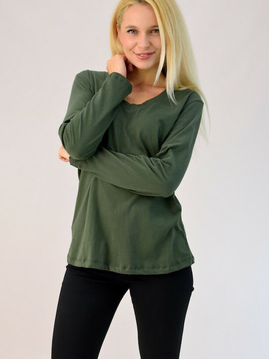 First Woman Damen Bluse Baumwolle Langärmelig mit V-Ausschnitt Khaki