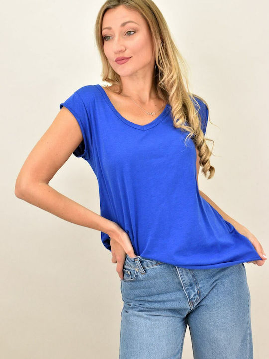 First Woman Damen Sommerliche Bluse Baumwoll Kurzärmelig mit V-Ausschnitt Blau