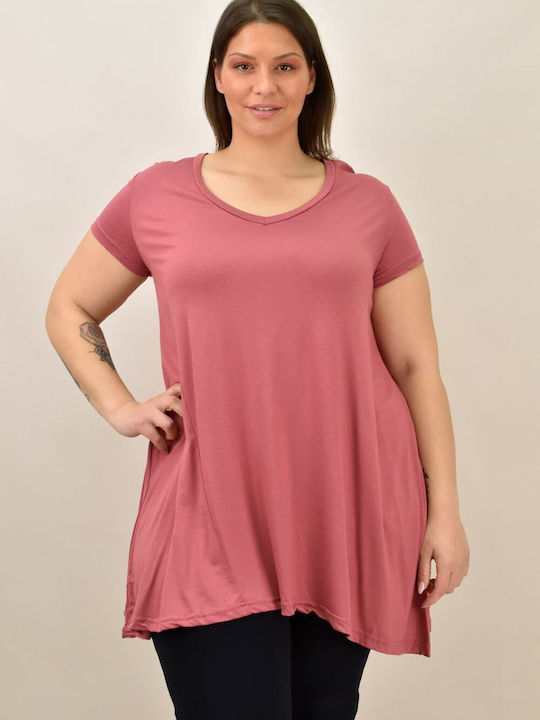 First Woman Women's Oversized T-shirt with V Neck Pink