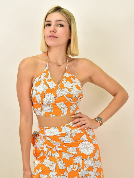 First Woman Γυναικείο Crop Top με Τιράντες Καλοκαιρινό Floral Πορτοκαλί