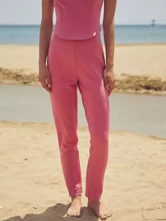 Women's High-waisted Fabric Trousers Slim Fit Pink