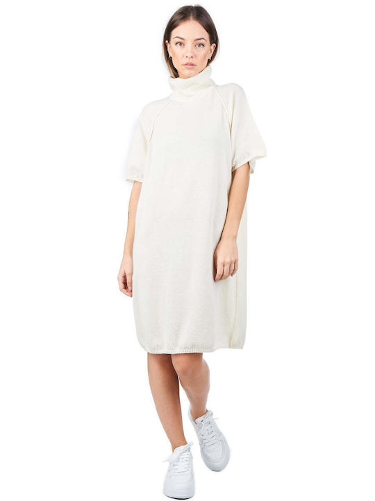 Rochie Mini Tricotată cu Guler Înalt Bej