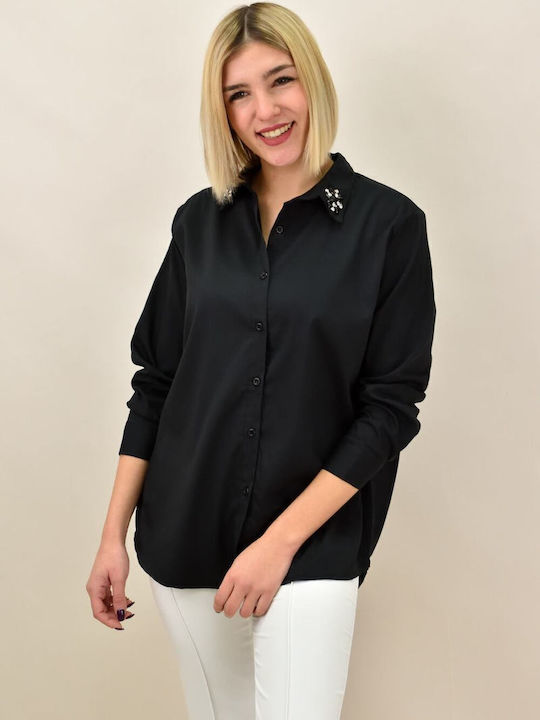 Langärmelig Damen Hemd Schwarz Monochrom