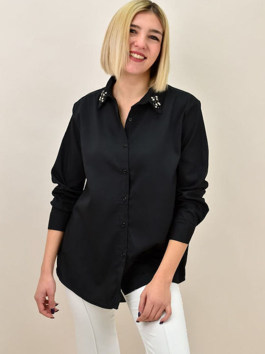 Langärmelig Damen Hemd Schwarz Monochrom