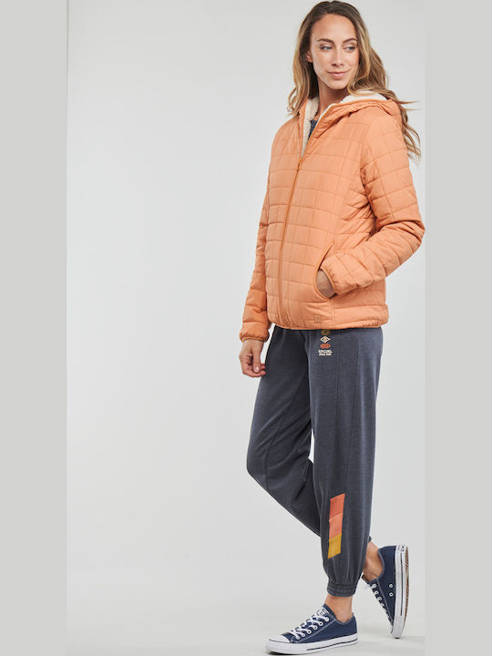 Women's Short Puffer Jacket for Winter with Hood Orange