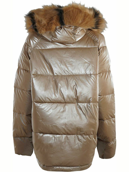 G Secret Women's Short Puffer Jacket Double Sided for Winter with Hood Gold