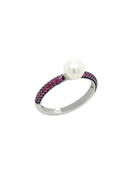 Xryseio Women's White Gold Ring with Pearl & Zircon 14K