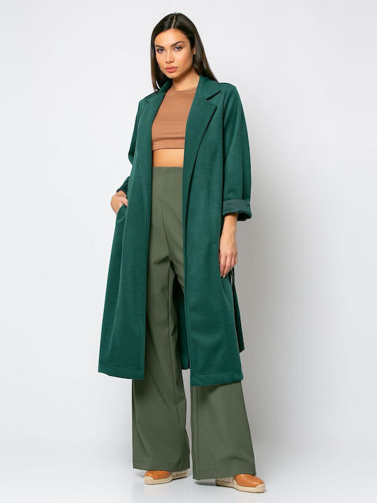 Noobass Women's Long Coat with Belt Green