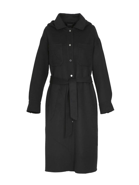Μάλλινο Γυναικείο Μαύρο Overshirt με Κουκούλα