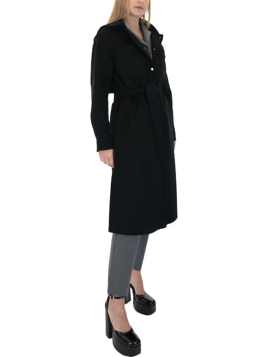 Μάλλινο Γυναικείο Μαύρο Overshirt με Κουκούλα