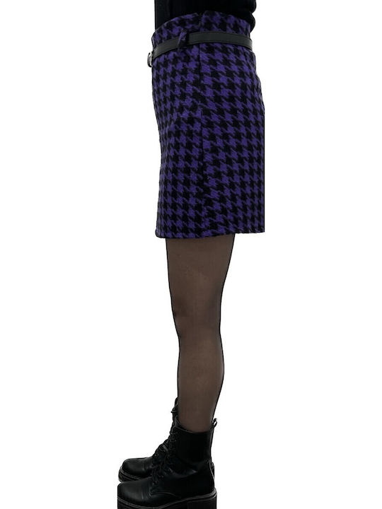 Pleated High Waist Mini Checked Purple Skirt