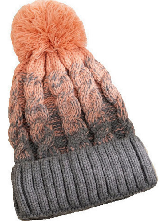 Pom Pom Beanie Unisex Σκούφος με Πλεξούδες σε Γκρι χρώμα