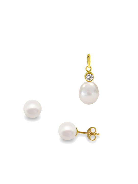 Margaritari Gold Set Earrings & Pendant with Stones and Pearls 14K
