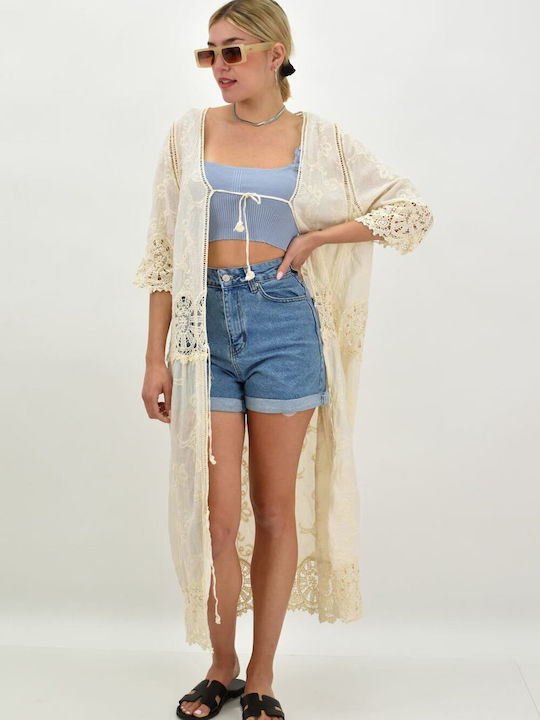 Potre Feminin Lung Kimono de Plajă Bej