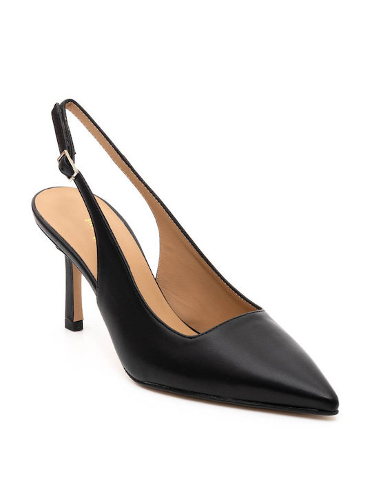 Philippe Lang Leather Pointed Toe Black Heels with Strap