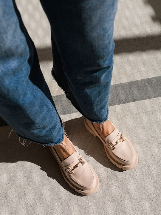 Patent Leather Women's Loafers in Beige Color