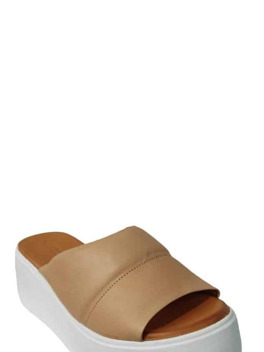 Leather Mules with Chunky High Heel in Beige Color