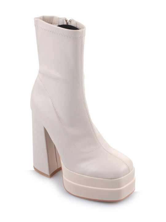 Fshoes Damen Chelsea Stiefeletten mit hohem Absatz Beige