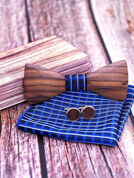 Legend Accessories Wooden Bow Tie Set with Cufflinks and Pochette Navy Blue