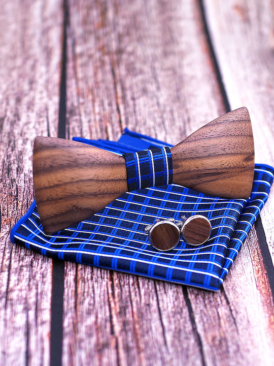Legend Accessories Wooden Bow Tie Set with Cufflinks and Pochette Navy Blue