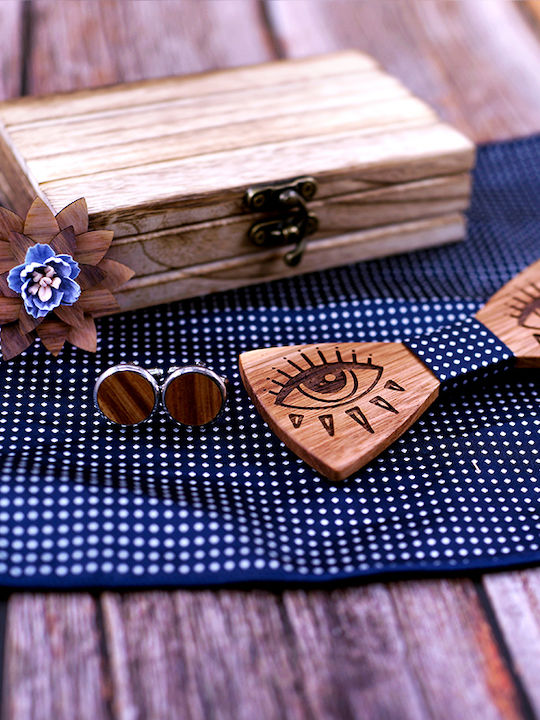 Legend Accessories Wooden Bow Tie Set with Pin, Cufflinks and Pochette Blue