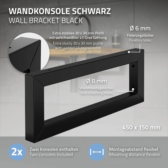 ML-Design Heavy-Duty Metallic Shelf Brackets Black 450x150mm 490006963