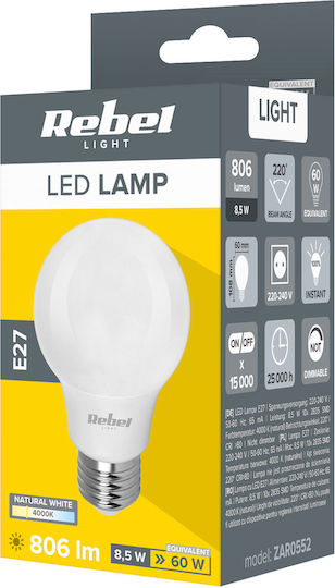 Rebel Bec LED 8.5W pentru Soclu E27 și Formă A60 Alb natural 806lm
