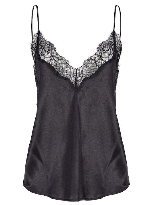 Γυναικείο Σατέν Lingerie Top με Δαντέλα Μαύρο