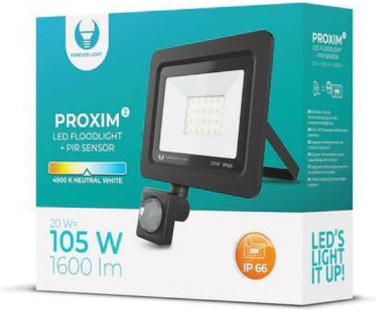 Forever Light Proxim II Αδιάβροχος LED Προβολέας 20W Неутрално бяло 4500К με Αισθητήρας Κίνησης IP66