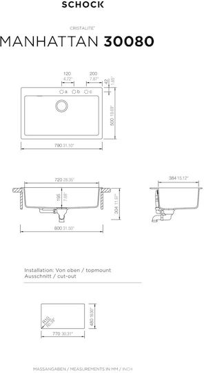 Schock Cristalite Manhattan 110-30080-1551 Drop-In Sink Synthetic Granite W79xD50cm Mocha