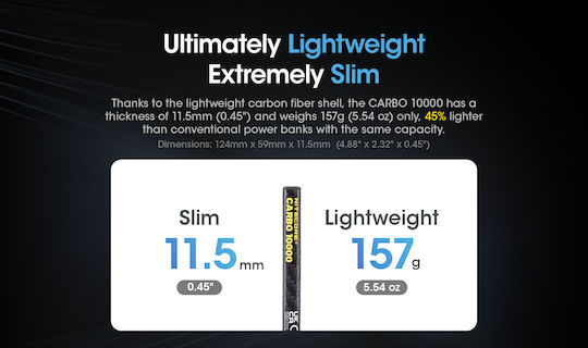 NiteCore Carbo 10000 Power Bank 10000mAh 18W με Θύρα USB-A και Θύρα USB-C Power Delivery Μαύρο