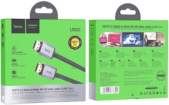 Hoco US03 HDMI 2.1 Ultra High Speed 48Gbps 4K 120Hz HDR VRR Braided Cable HDMI male - HDMI male 3m Μαύρο