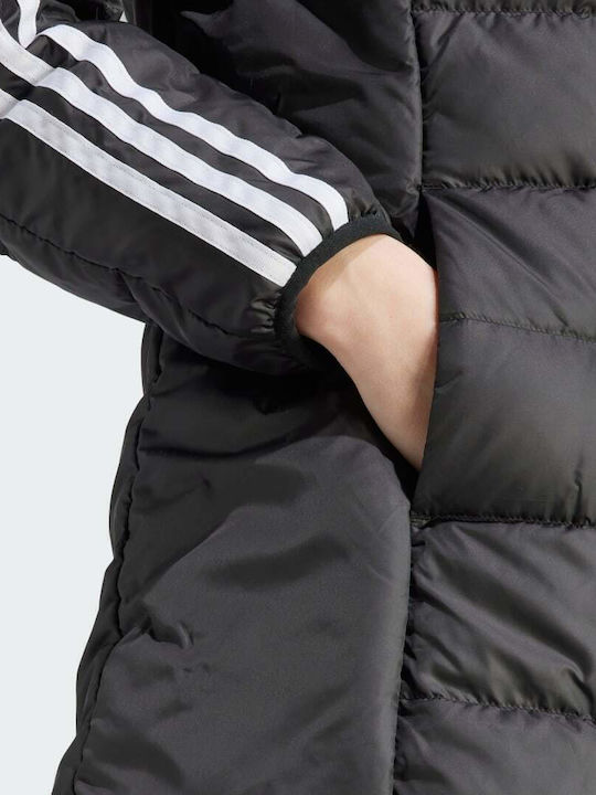 Essentials 3-Stripes Light Down Women's Long Puffer Jacket for Winter with Hood Black