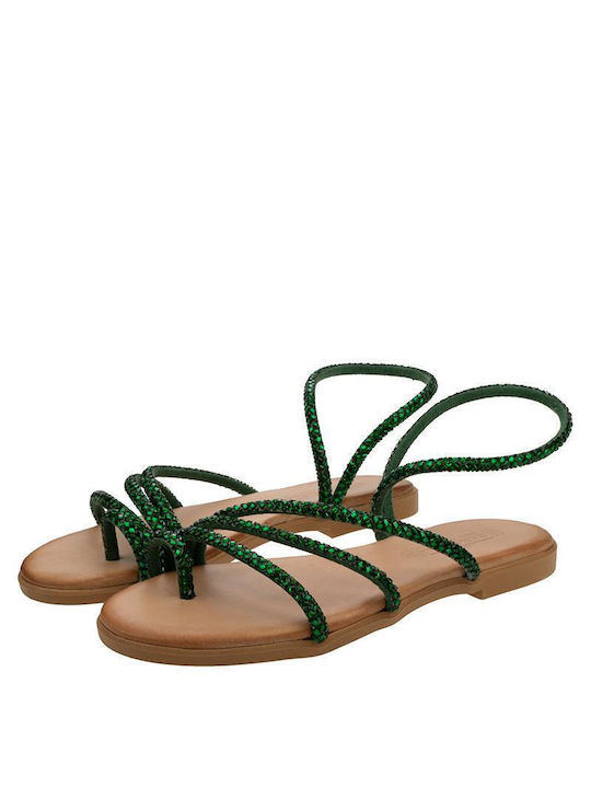 Baroque Leather Women's Flat Sandals in Green Color