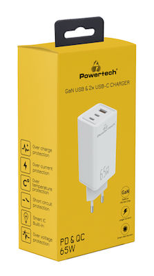 Powertech Încărcător Fără Cablu GaN cu Port USB-A și 2 Porturi USB-C 65W Livrarea energiei / Quick Charge 4.0 Albς (PT-1094)