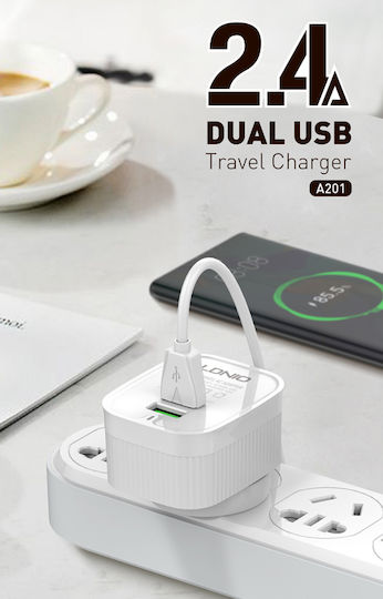 Ldnio Φορτιστής με 2 Θύρες USB-A και Καλώδιο USB-C Λευκός (A201)